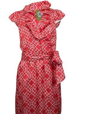 Elizabeth McKay Geometric Coral Pink Ruffle Collar Silk Dress - Size 6